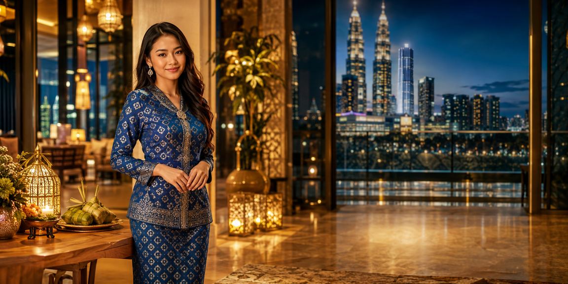 Pengguna Kuala Lumpur membuat deposit bonus dalam talian menggunakan pakaian tradisional baju kurung